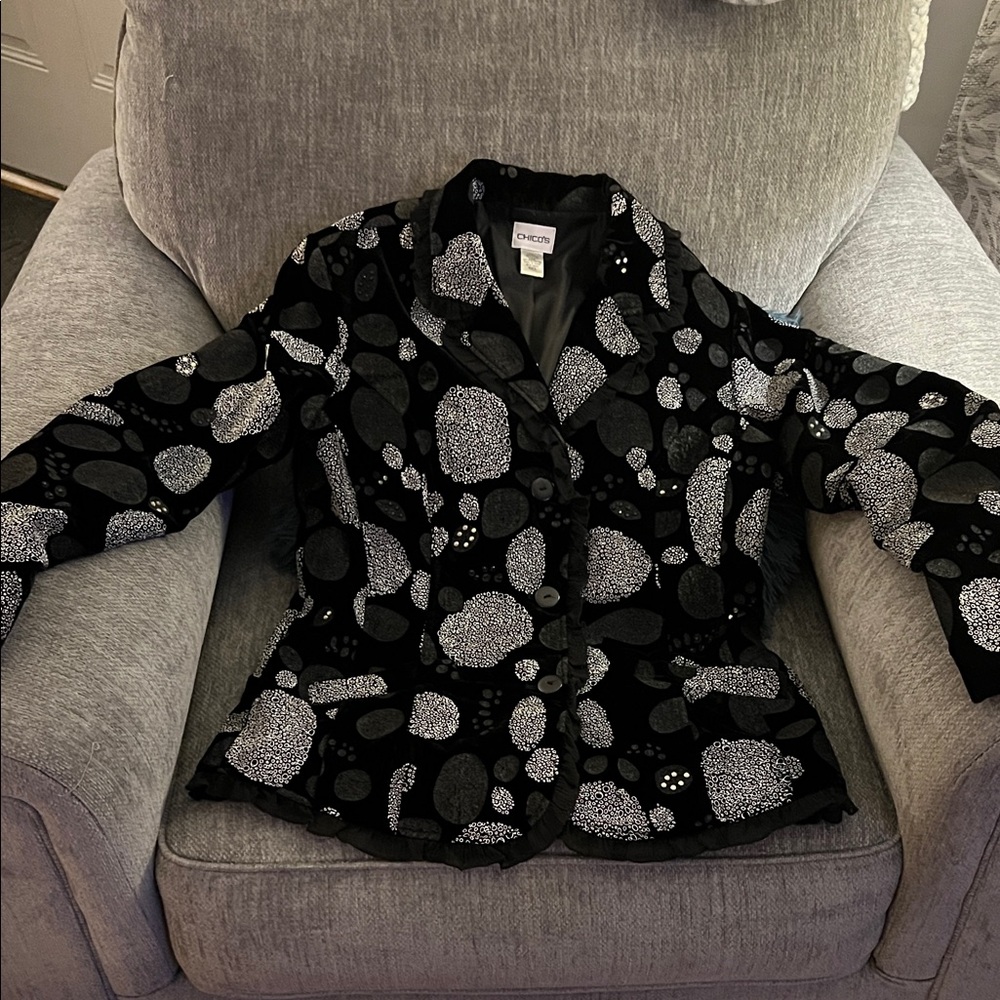 Chico's Black and White Evening Jacket. Velour, beading, chiffon like accents